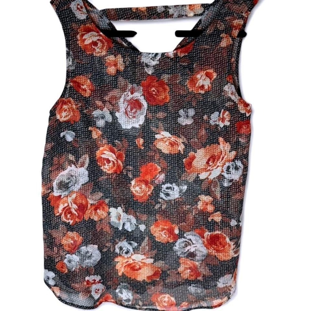 Bobeau Womens Small Floral Sleeveless Blouse Orange Black Back Cutout Tank Top